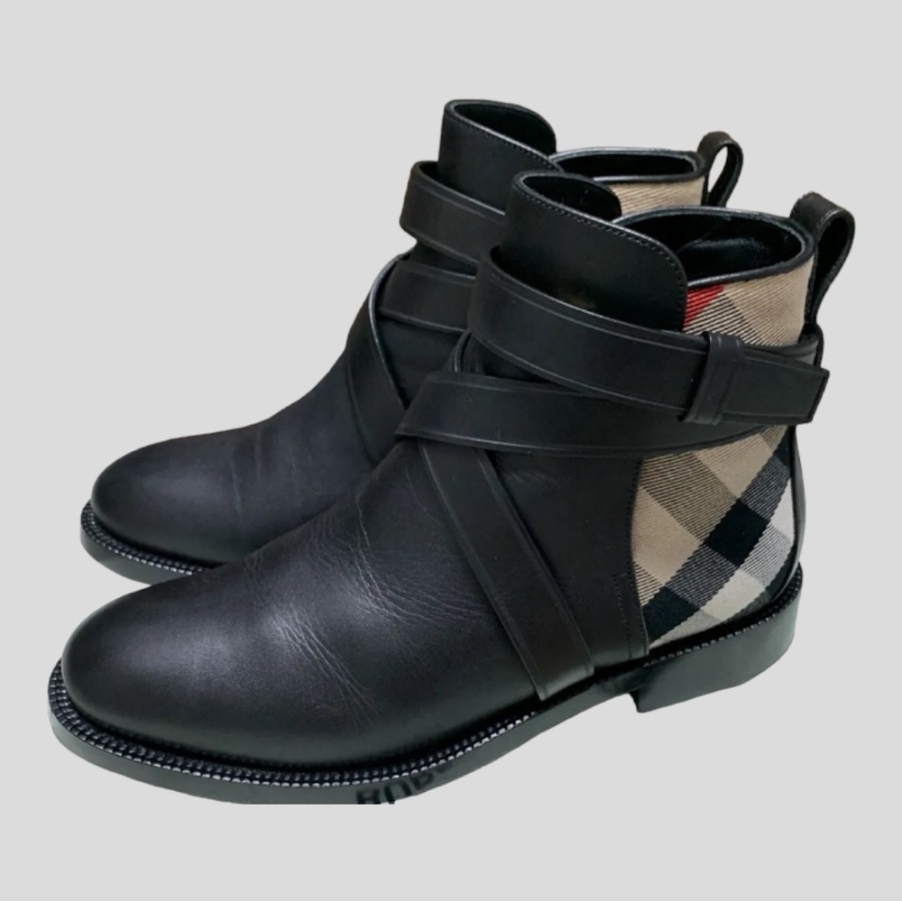 BURBERRY Women  Bootie  House Check Print Leather Ankle Boots Shoes Size 38 US 8